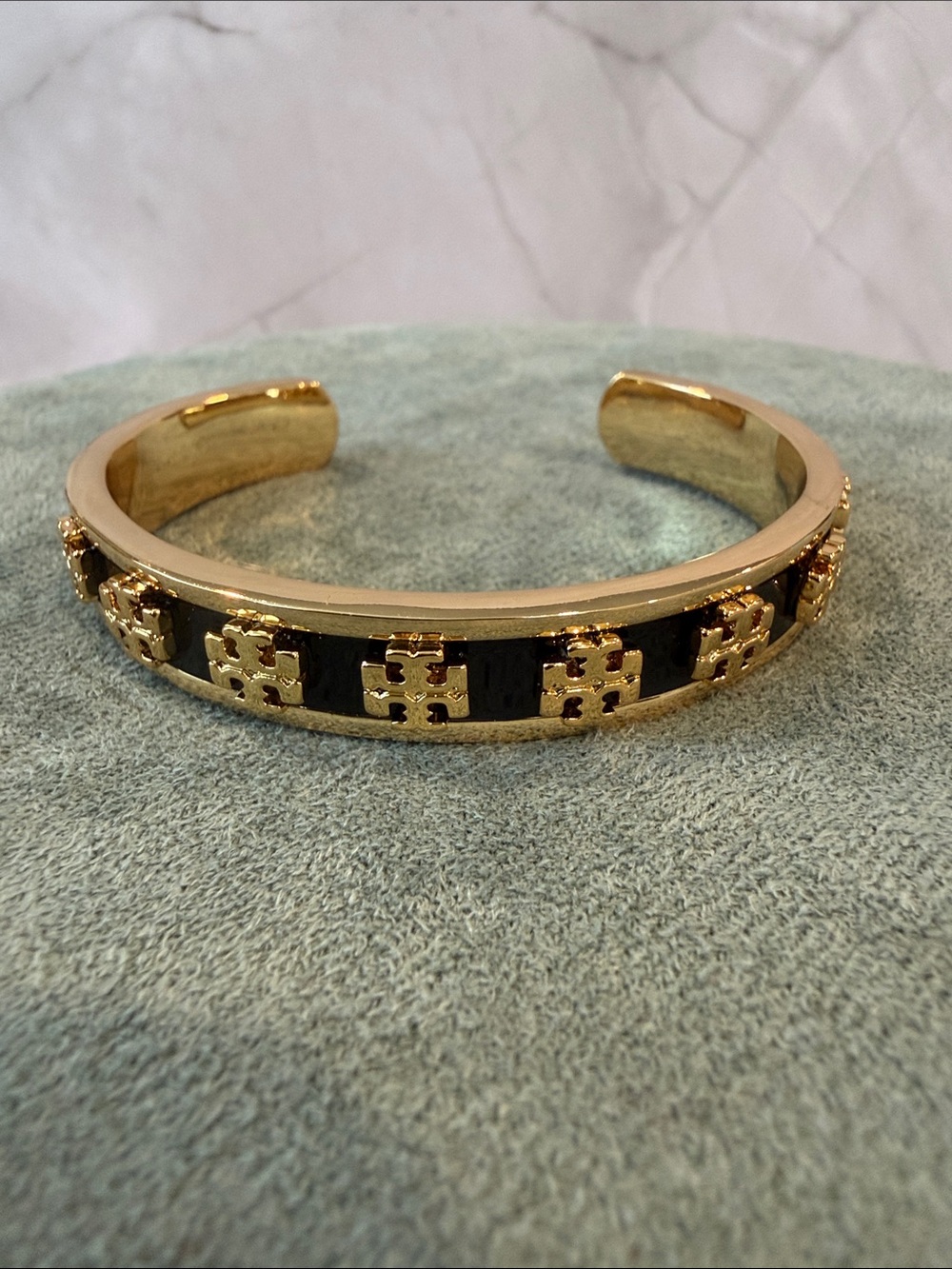 Tory Burch | Gold Plated Cuff Bracelet with Black Enamel Inlay | Small/Med